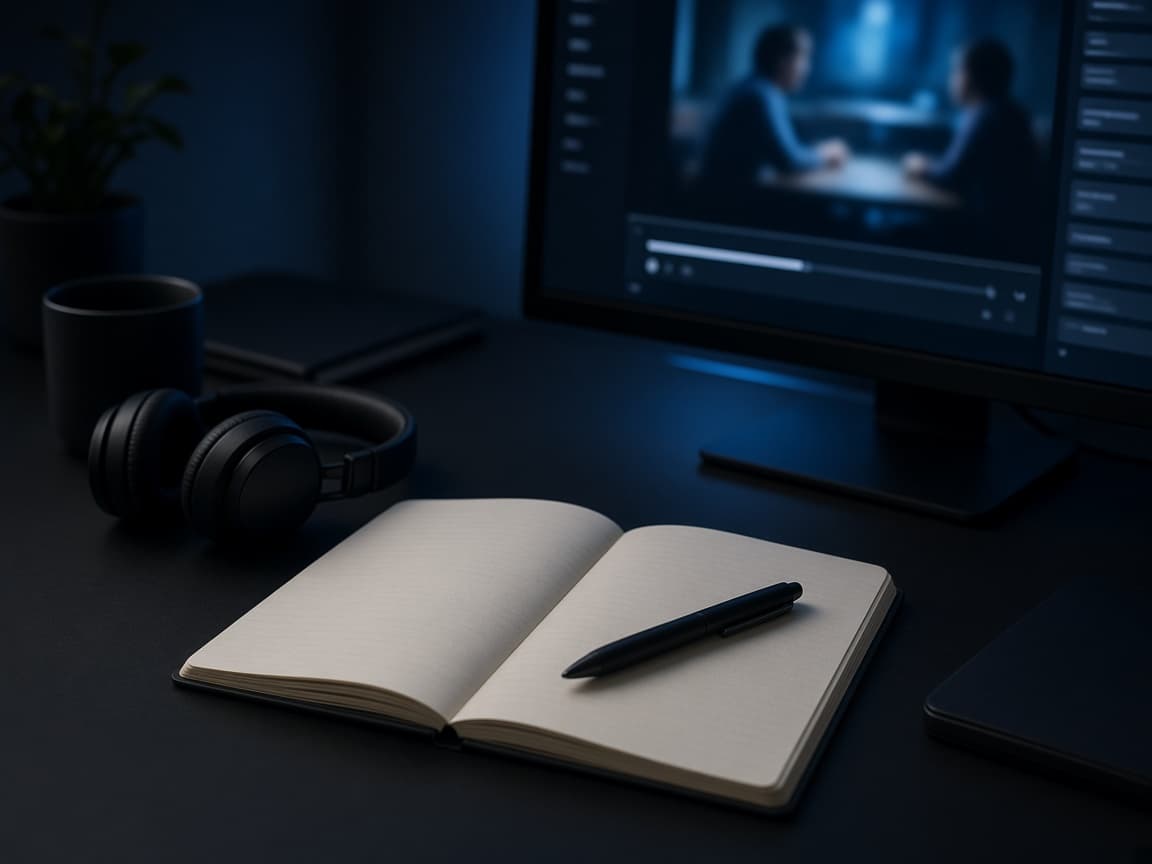 A quiet desk where a hiring team reviews an interview recording.